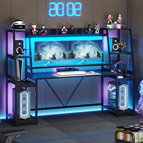 SEDETA Gaming Desk with LED Lights and Storage Shelves