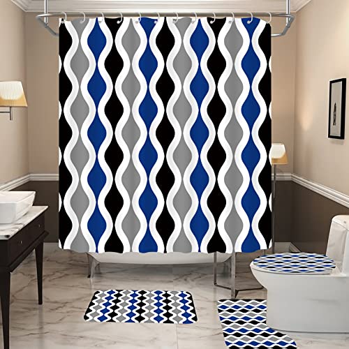 Blue Stripe Shower Curtain Sets with Non-Slip Rug