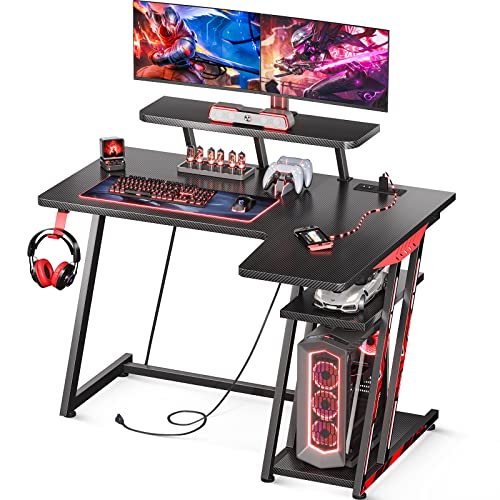 MOTPK Gaming Desk L Shaped with Storage Shelf & Power Outlets