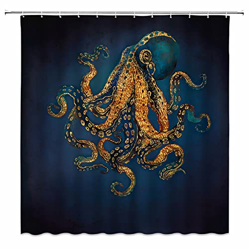 Dvikvmo Navy Golden Octopus Shower Curtain