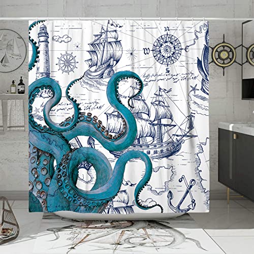 Blue Nautical Octopus Shower Curtain Set