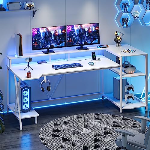 SEDETA White Gaming Desk with LED Lights and Storage Shelves