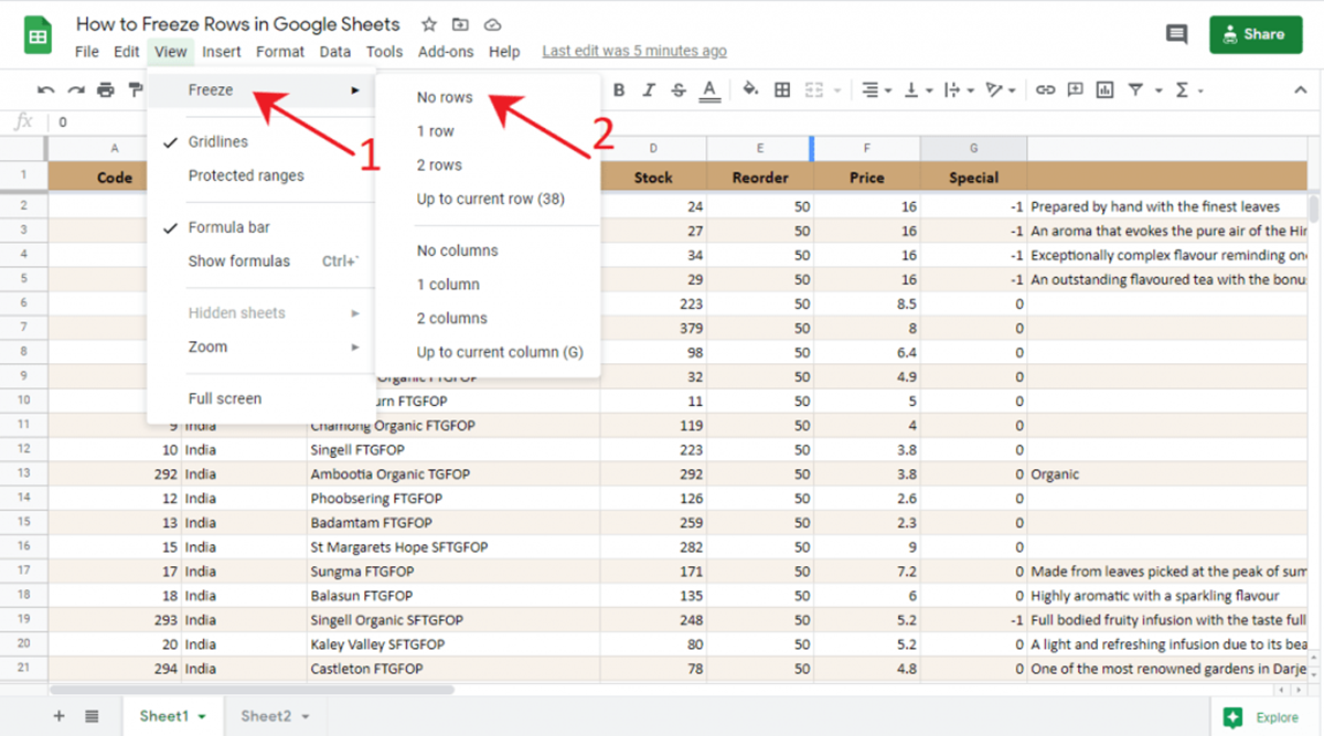 How To Freeze And Unfreeze Rows Or Columns In Google Sheets
