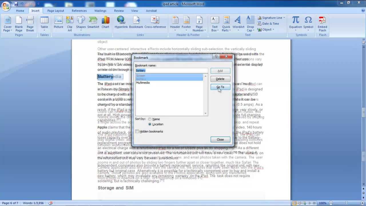 Inserting Bookmarks In Your Word Document