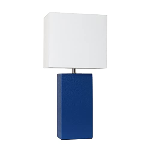 Blue Modern Leather Table Lamp with White Fabric Shade