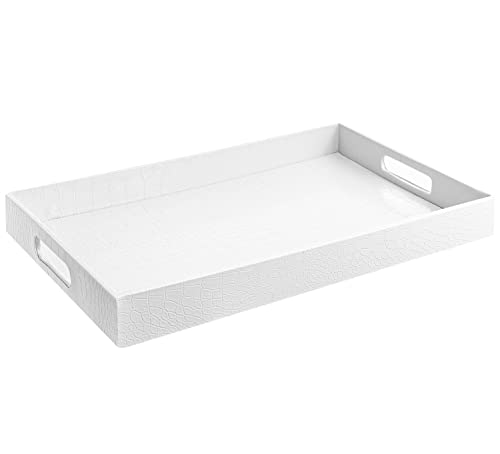 White Faux Leather Decorative Serving Tray with Handles