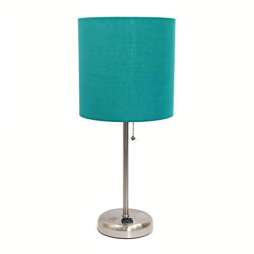 Limelights Brushed Steel Stick Table Desk Lamp with Charging Outlet and Drum Fabric Shade