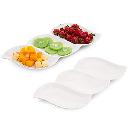 Set of 2 White Ceramic Relish Tray Appetizer Serving Platter