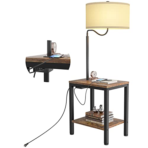 LityMax LED Floor Lamp with Table - Rustic End Table with USB Charging Port