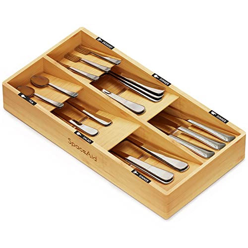 Bamboo Silverware Drawer Organizer with Labels