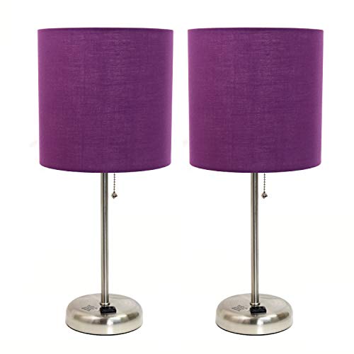 Limelights Stick Lamp Set with Charging Outlet and Purple Fabric Shade