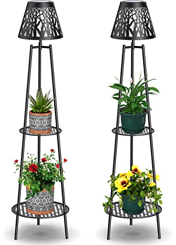 VISFLAIR Metal Solar Floor Lamps Outdoor with 2 Plant Stand