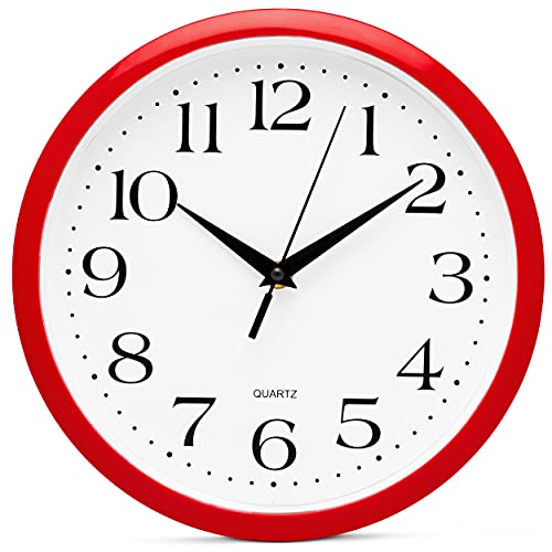 Red Wall Clock Silent Non Ticking - 12 Inch