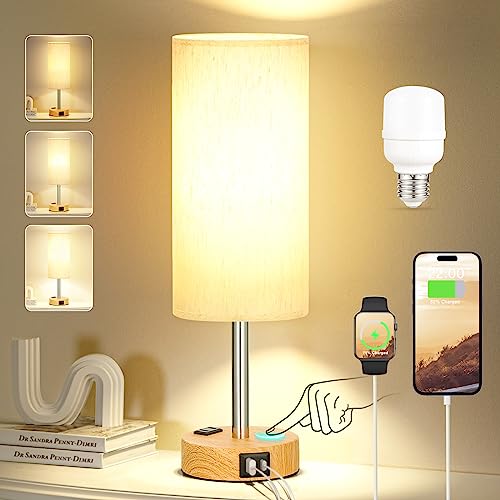 3 Way Dimmable Touch Lamp with USB C Charging Ports and AC Outlet