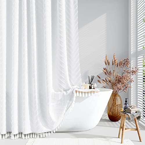 White Fabric Tufted Chevron Striped Textured Tassel Shower Curtain