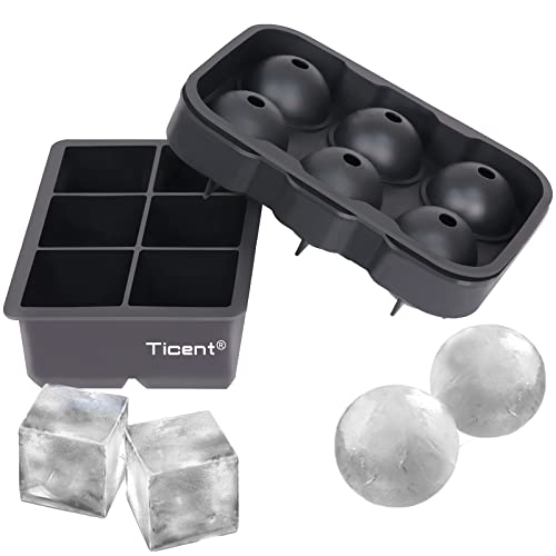 Ticent Ice Cube Trays - Silicone Sphere Whiskey Ice Ball Maker with Lids & Large Square Ice Cube Molds