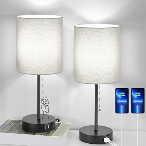 Minimalist Grey Bedside Table Lamps with USB Charging Ports and AC Outlet