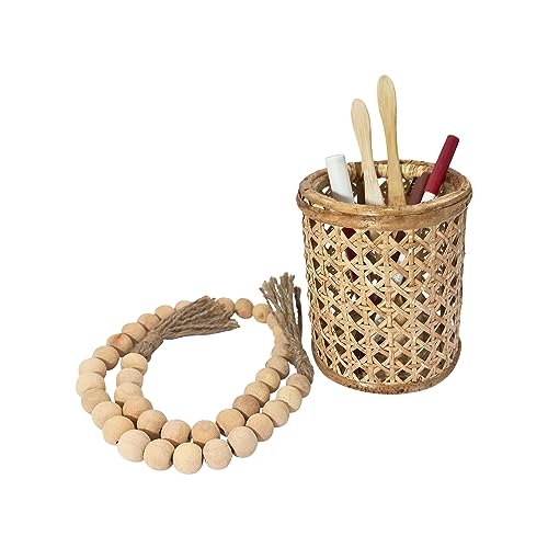 Rustic Rattan Toothbrush Holder with Wood Beads Garland