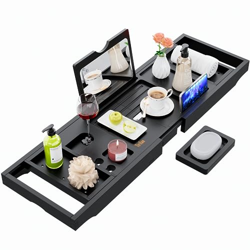 Yirilan Bathtub Tray - Bath Caddy with Mirror-Black