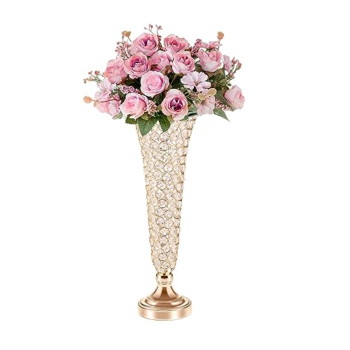 Gold Crystal Trumpet Floral Vase for Wedding Decor