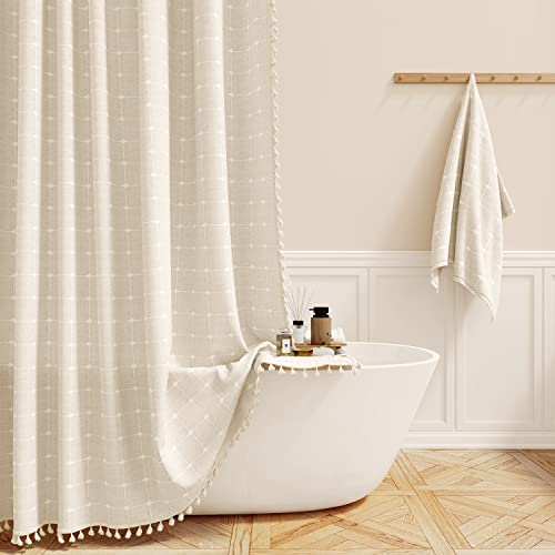 Extra Long Boho Tassel Linen Fabric Shower Curtain