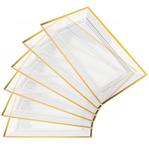 Elegant Plastic Serving Tray & Platter Set - Clear & Gold Rim (6pk)