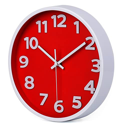 Silent Red Wall Clock 10 Inch - Easy to Read, Modern Design