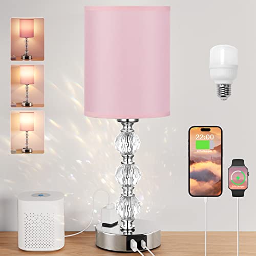 Pink Crystal Table Lamp with USB & AC Outlet