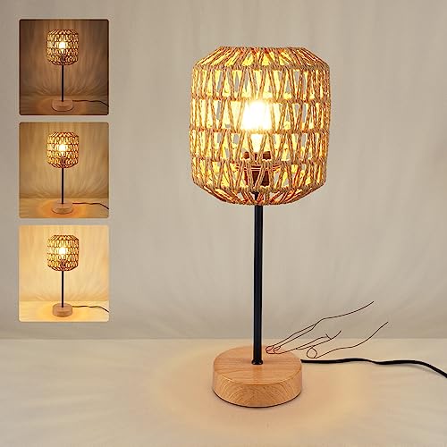 HYMELA N02 Bedside Table Lamp with Rattan Shade and USB Port