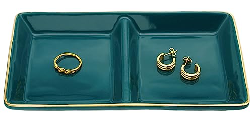 Green Ceramic Jewelry Dish Tray, 2 Compartment Ring Dish