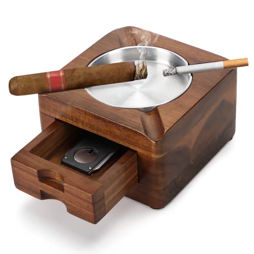 Wooden Cigar Ashtray with Drawer and Accessories
