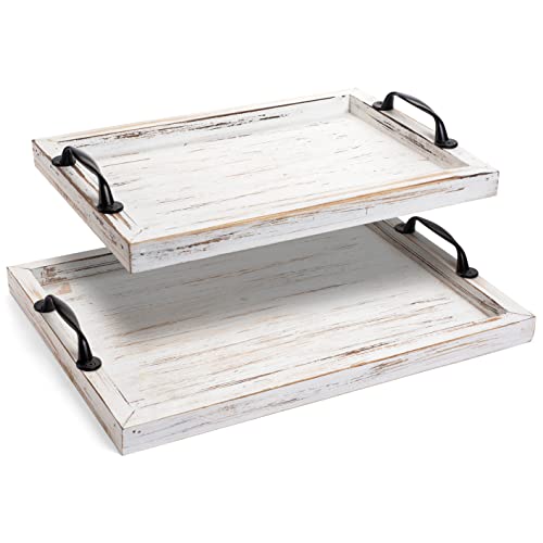 Rustic Wooden Serving Tray Set with Metal Handles
