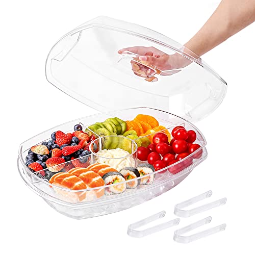 IVYHOME Fruit Ice Serving Tray with Lid and 4 Compartments