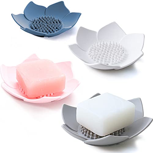 Soap Saver: Flower Shape Soap Tray (4 Pack, White,Grey,Pink,Blue)