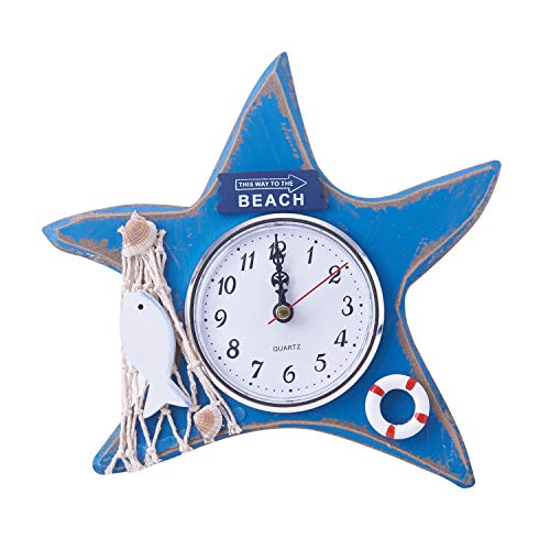 Cute Round Wood Nautical Blue Starfish Clock