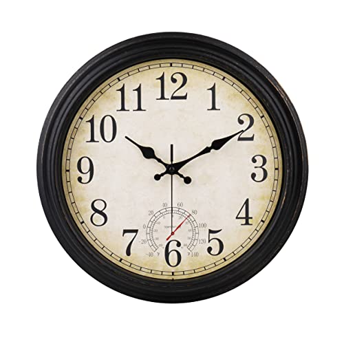 16 Inch Large Waterproof Outdoor Clock with Thermometer (Bronze)