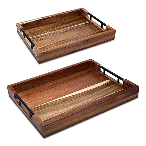 Wooden Serving Trays with Handles - Set of 2