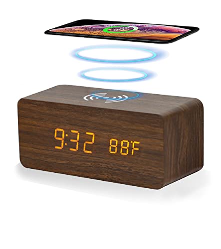 Togous Wooden Digital Alarm Clock with Wireless Charging