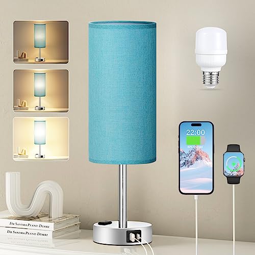 Teal Bedroom Nightstand Lamp with USB and AC Outlet