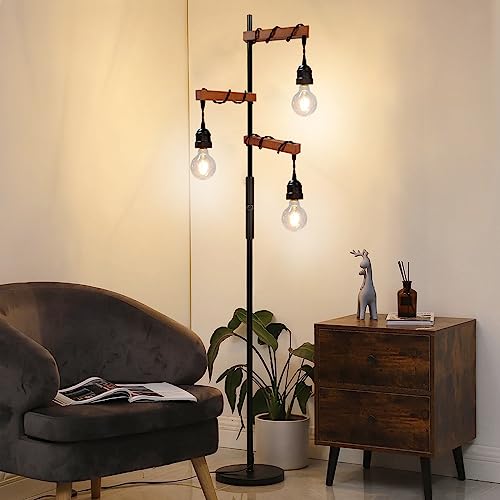 Dimmable Industrial Floor Lamp with Wood Farmhouse Design