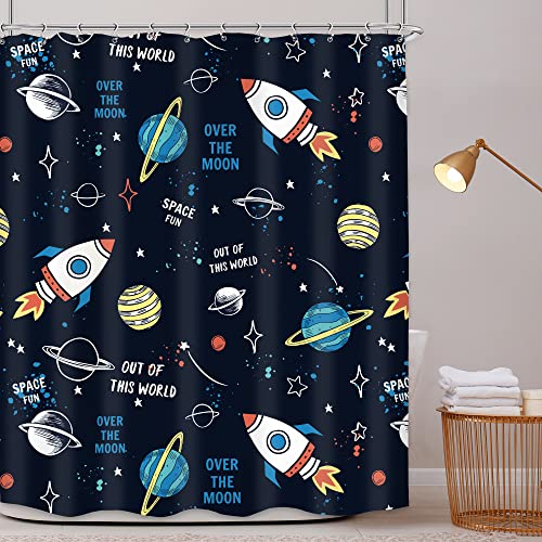 Vibrant Cartoon Outer Space Shower Curtain for an Imaginative Bathroom