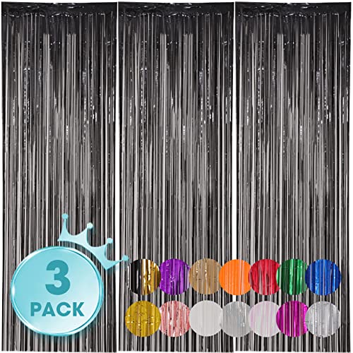 Voircoloria 3 Pack Black Foil Fringe Backdrop Curtains