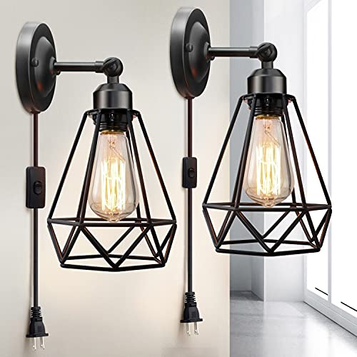 Industrial Wall Lamp with Plug in Cord - 2 Pack