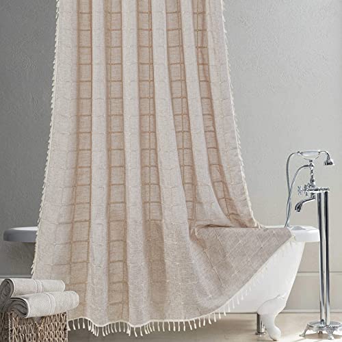 Khaki Boho Farmhouse Shower Curtain with Tassels