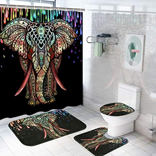 Colorful Elephant Shower Curtain Set with Non-Slip Rug