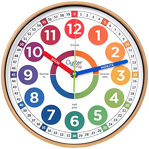Oyster&Pop Kids Wall Clock - Silent Analogue Telling Time Teaching Clock
