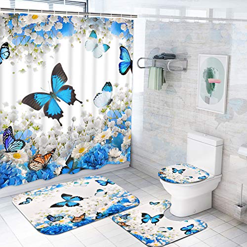 Flower Butterfly Shower Curtain Set with Non-Slip Rug