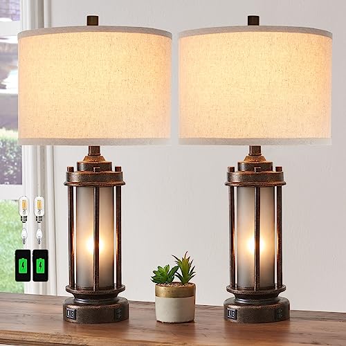 Farmhouse Lamps for Living Room with USB Charging Ports