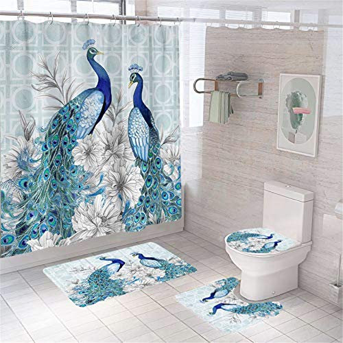 Blue Peacock Shower Curtain Set with Non-Slip Rugs