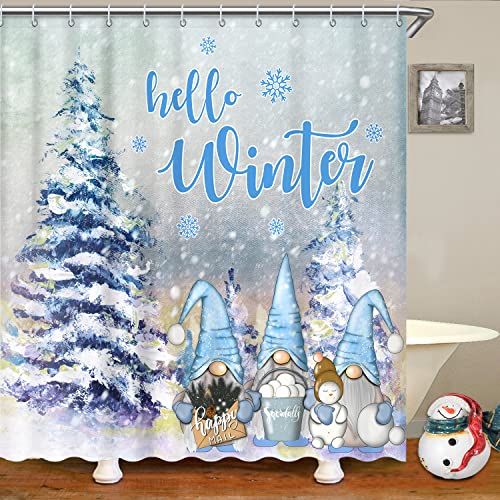 Winter Holiday Shower Curtain with Gnomes and Snowflakes